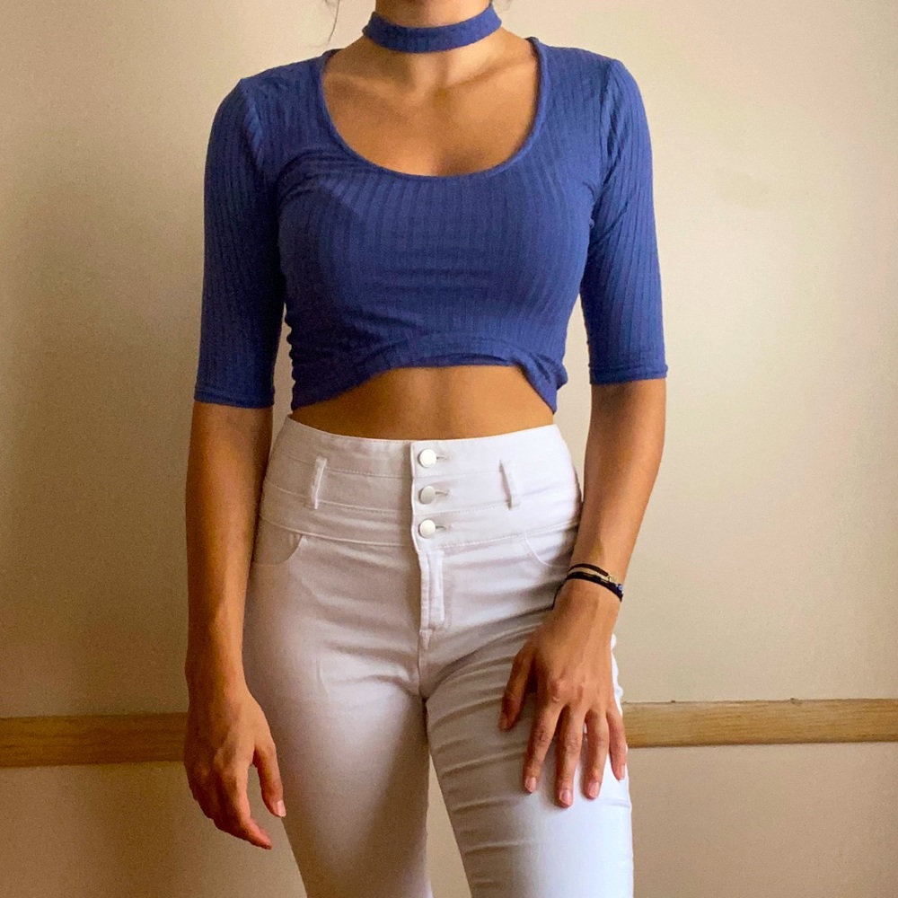 Blue Ribbed Choker Crop Top, US M